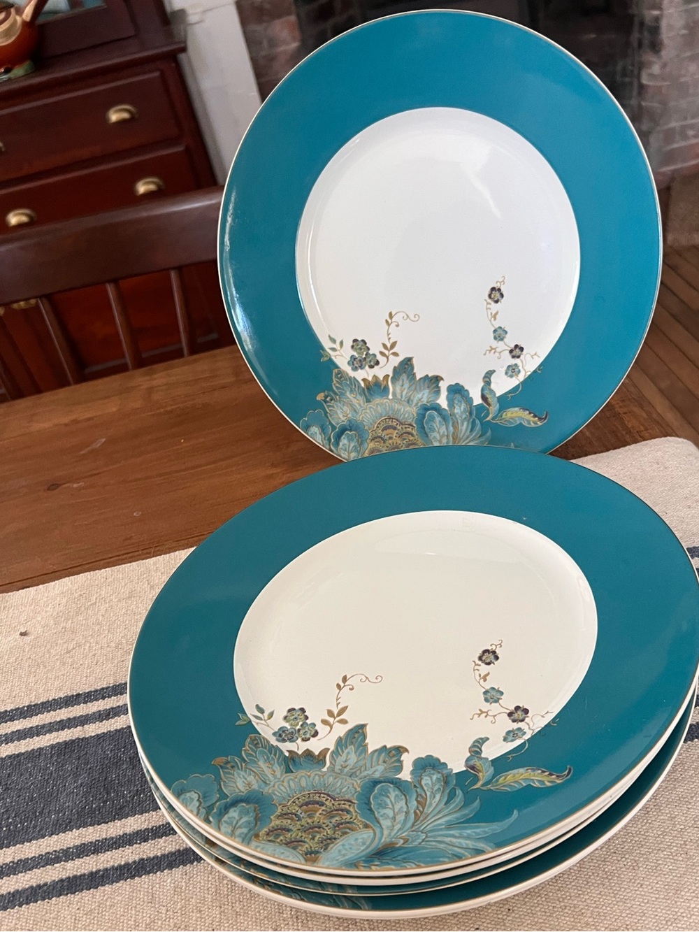 222 Fifth Eliza Teal Floral Dinner Plate Set of 6 10 3/4" diameter